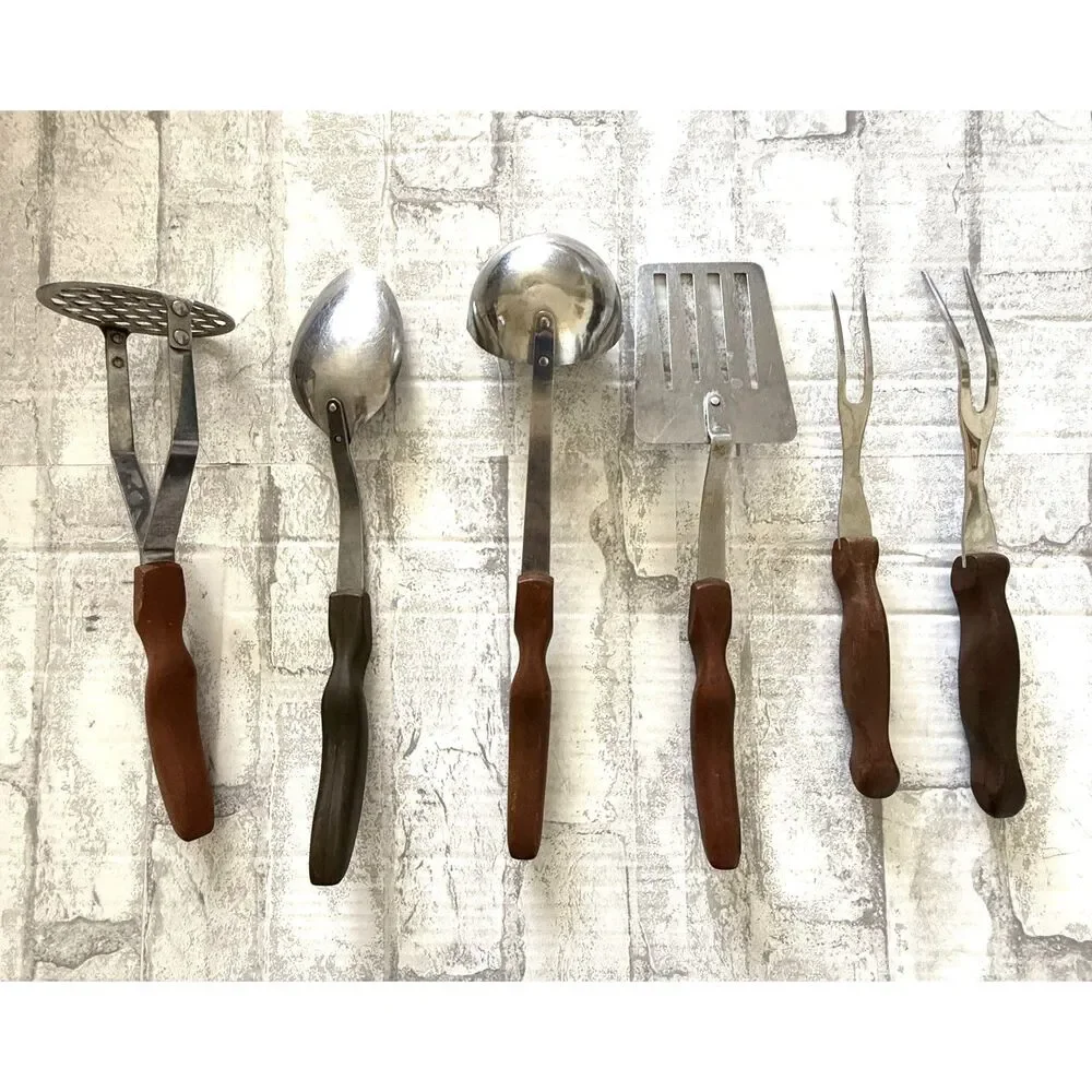 VTG Cutco 6pc Stainless Steel Kitchen Utensils Set Brown Handled Tools USA -Flaw